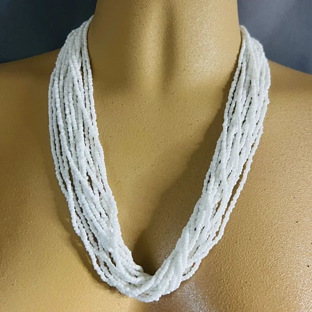 Vintage Necklace Seed Beads White Multi Strand Spring Summer Beautiful 4222